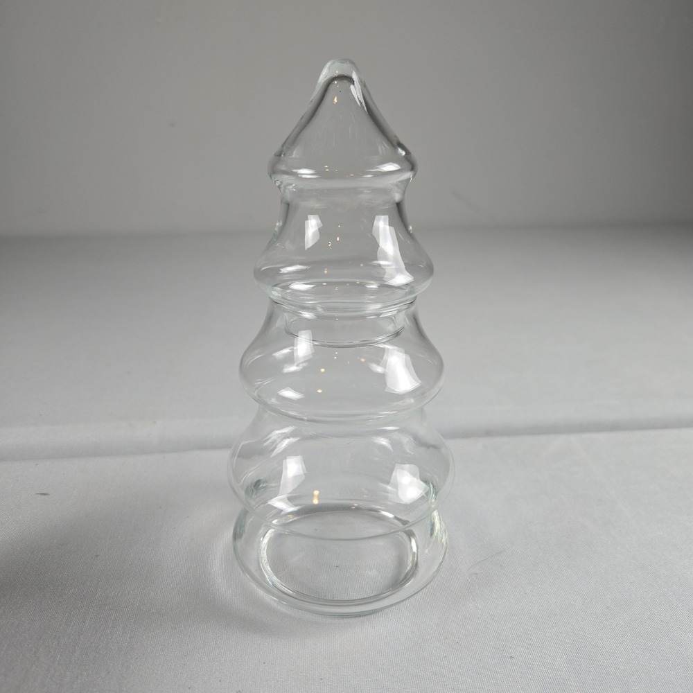 Vintage Christmas Tree Shaped Glass Candy‎ Jar Canister with Lid Clear Glass